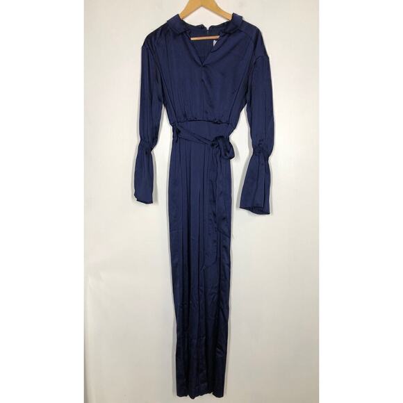 Three Floor Brigitte Jumpsuit Satin Bell Sleeve Collared Wide Leg Navy Blue 4 - Picture 6 of 13
